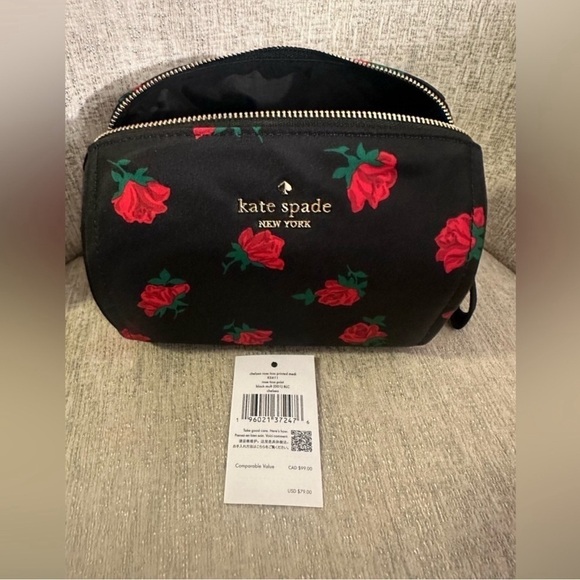 NWT Kate Spade Chelsea Rose Toss Printed Black cosmetic Bag - Picture 3 of 12